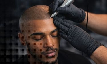 Professional scalp micropigmentation procedure creating a natural hairline for a man with hair loss.