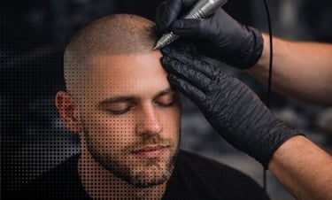 Professional scalp micropigmentation treatment for a man with a receding hairline or hair loss.