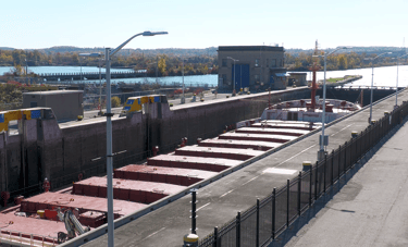 The deck of ship Baie St. Paul in Lock 3 of the Welland Canal.