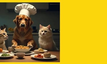 Hund und zwei Katzen sitzten am Esstisch voller Gerichte - eine lustige Darstellung