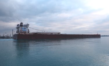 Side view of a huge black and white freighter with a cloudy sky.