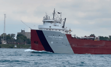 Close-up of the port side of the forward pilothouse of classic freighter Philip R. Clarke.