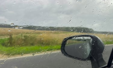 Blik vanuit auto door beslagen zijruit, met regendruppels en bos op achtergrond.