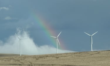 Wind turbines with clouds and a rainbow