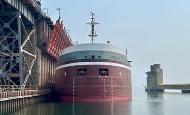 A head on view of the bow of freighter Joseph L. Block at the ore dock.