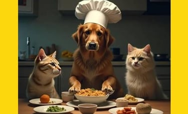 Hund und zwei Katzen sitzten am Esstisch voller Gerichte - eine lustige Darstellung