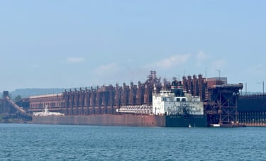 Port side view of freighter American Spirit moored at the Two Harbors Ore Dock.