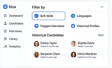 AI dashboard with candidate filters and profiles, showing soft skills, languages, and interview insights.