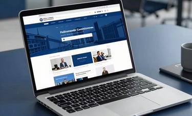 A close-up of a designer's desk in a modern UAE office, featuring a sleek silver laptop displaying a clean blue and white corporate website layout. A high-end workspace with deep blue and soft grey tones, professional lighting.