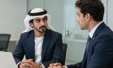 A professional business consultation taking place in a glass-walled meeting room in Ras Al Khaimah. Two professionals are collaborating, with a focus on trustworthy and expert engagement. Colors of navy blue and crisp white dominate the scene.