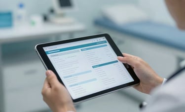 Close-up of a healthcare provider's hands holding a digital tablet displaying health data, set against the backdrop of a soft blue-gray and white medical office in the United States. The shot conveys innovation and professional care.