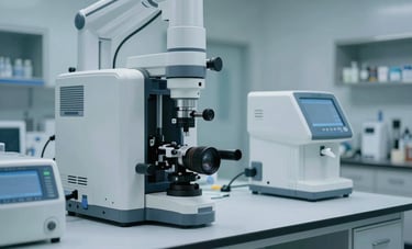 A high-tech diagnostic laboratory environment in a North American medical facility. Modern equipment is visible on clean white surfaces, with subtle soft blue-gray accents, representing cutting-edge medical practices and precision.