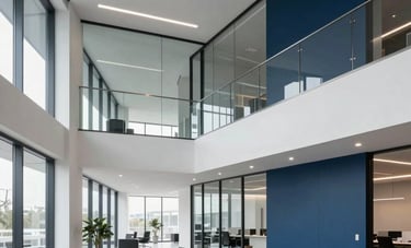 Professional architectural photography of a newly completed modern office interior in North America. The space features high ceilings, glass partitions, and polished concrete floors. Soft, natural light emphasizes the high-quality construction and clean lines. Palette: white, grey blue, and deep blue.