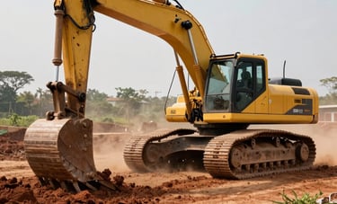 A powerful excavator working on a Zimbabwean land development site, clearing shrubs and leveling red soil for future infrastructure. The composition is professional, focusing on the heavy machinery in action with clear dust trails and bright natural lighting.