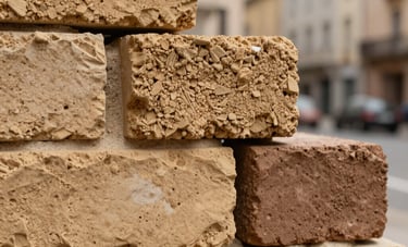Macro photography of various textured architectural bricks in shades of sand tan and muted brown. Focus on the grainy, robust surface quality with a blurred European urban background.