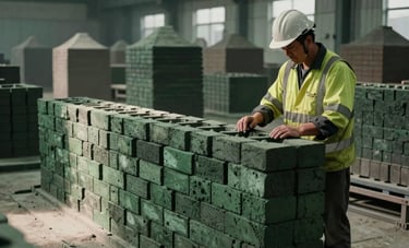 A wide shot of a traditional brick kiln in a professional manufacturing facility. A craftsman in North American safety attire inspects a row of hand-molded bricks. Warm industrial lighting with deep slate green shadows.