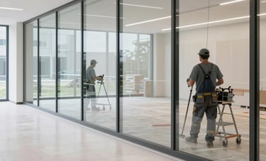 The interior of a clean, modern building under final construction cleaning in Central Europe, with bright tiles and large glass partitions, reflecting professional quality and care.