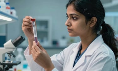 A South Asian / Indian female scientist in a professional lab coat examining a medical vial in a modern research facility. Soft teal and steel blue ambient lighting. Precise, trustworthy, and innovative atmosphere.