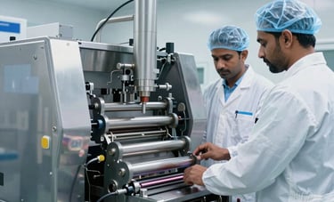 Interior of a state-of-the-art pharmaceutical manufacturing unit in India. South Asian / Indian technicians in sterile lab gear monitoring a high-speed tablet pressing machine. Clean, bright steel blue and white environment, sharp focus, professional industrial photography.