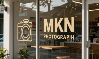Professional photography of an Indonesian shopfront featuring high-quality color vinyl branding stickers on the front glass windows. The lighting is soft morning sun, showing clean application without bubbles.