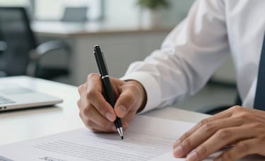 Close-up of a professional hand in a crisp white shirt signing corporate documents in a bright, modern Bengaluru office, professional and reliable atmosphere.