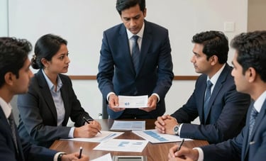 A collaborative meeting scene in a high-end Indian boardroom with South Asian professionals reviewing financial charts, focused and authoritative mood, navy blue and white tones.