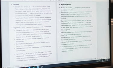 Close-up photography of a professional workstation in a Central Asian corporate office, showing a screen with a complex document being translated side-by-side with its original formatting intact.