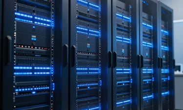 A high-tech server room with glowing blue light strips on rows of advanced computing racks, representing a secure air-gapped on-premise AI environment, sleek and industrial style.