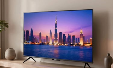 A modern Smart TV displaying vibrant high-definition colors in a contemporary living room in Al Nahda, Dubai. The setting features minimalist decor and soft ambient lighting. Middle Eastern / Gulf interior styling.