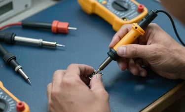A detailed shot of technical repair tools including a soldering iron and multimeter on a dark blue workbench. A technician's hands are focused on a precision hardware fix. Professional Middle Eastern / Gulf service center atmosphere.