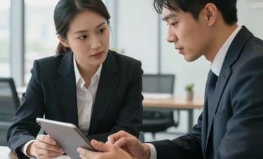 A professional consultation session in a bright, modern US office; two individuals in business attire review strategic data on a tablet, focused and professional atmosphere.