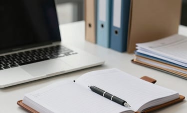 A clean, modern North American office workspace featuring a high-end laptop, a leather-bound planner, and organized folders, symbolizing professional document support.