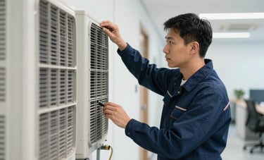 A professional maintenance technician in a clean corporate environment, performing an inspection on a central air conditioning panel. The setting is a bright, modern office hallway in North American / Mexican style. Professional navy blue attire, sophisticated lighting.