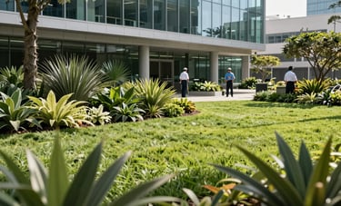 Elegant corporate landscaping outside a glass office building in North American / Mexican style. Manicured grass, lush green plants, and professional gardeners working in the background. Sunny day, sophisticated and peaceful environment.