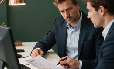 An Iberian &amp;#x2F; Spanish professional in a focused consultation session, reviewing documentation on a clean desk. The atmosphere is strategic and trustworthy, with copper and dark green office elements.