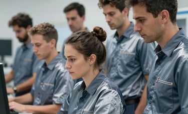 A group of focused Iberian &amp;#x2F; Spanish professionals in a clean, modern facility, wearing steel blue uniforms. They are organized and efficient, representing high standards of quality in the services sector. Professional lighting.