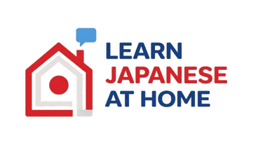 Learn Japanese at Home logo featuring a red house icon with a blue speech bubble and bold text.