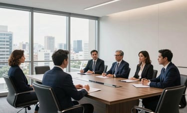 Photography of a sophisticated meeting room in a Brazilian corporate building. A large glass window shows a city view. The interior is minimalist and modern, representing excellence in administrative consulting. Professional South American business atmosphere. Palette: dark blue and off-white.