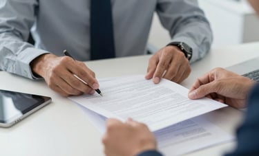 Close-up of professional South American hands organizing financial documents and a digital tablet in a bright Brazilian office. The composition is clean and focused, symbolizing precision and efficiency. Lighting is soft and professional. Colors: light gray and medium blue.