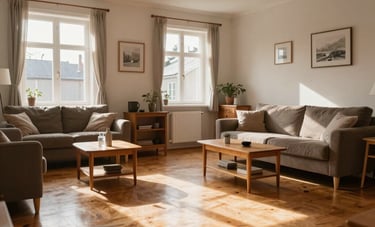 A wide shot of a cozy, sunlit living room in a Northern European home. The wooden floors are shining, and the furniture is dust-free. The atmosphere is calm and inviting, showing the results of professional residential cleaning.