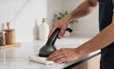 Close-up of a professional cleaner wearing a clean uniform, using specialized equipment to sanitize a high-end kitchen. Modern Dutch interior with wooden and white marble textures, bright natural lighting, and a sharp, clean focus.