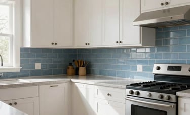 A bright, clean photography of a newly renovated modern kitchen in a North American / US home. The design features off-white cabinetry and medium blue tile accents. The lighting is natural and inviting, showcasing professional craftsmanship and attention to detail. North American / US.
