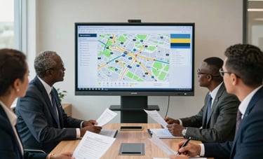 A corporate meeting scene in Gaborone, Botswana, featuring professional individuals in a clean, modern boardroom. They are reviewing logistics documents and digital maps on a large screen. The atmosphere is collaborative and professional, with soft natural light coming through large windows.