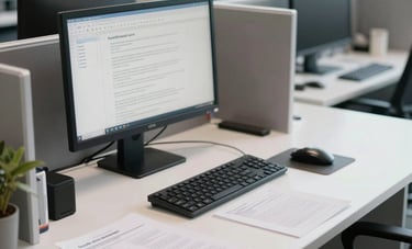 A clean and organized administrative workstation in a high-end Brazilian corporate building. A modern computer setup on a white desk with professional documents and a focus on detail. Bright, natural lighting highlights a professional atmosphere.