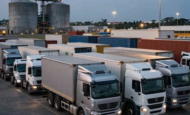 A sharp, modern photograph of a heavy-duty industrial logistics fleet parked at a West African port hub. The composition shows silver and white transport trucks arranged neatly under a twilight sky, with industrial silos and modern lighting in the background.