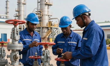Professional photography of a technical maintenance crew wearing deep blue uniforms and hard hats, inspecting industrial valves at a modern West African refinery. The lighting is crisp and clear, emphasizing the cleanliness of the facility and the precision of the work.