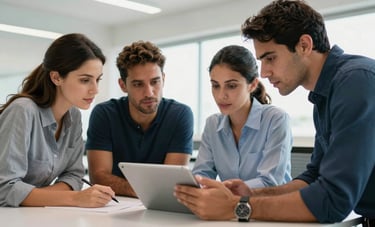 Photography of a professional South American team collaborating in a bright, modern Brazilian workspace. They are looking at a digital tablet, reflecting a mood of competence and reliability. Clean, high-contrast composition.