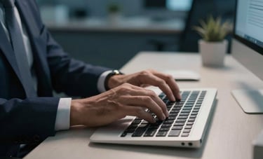 Cinematic high-end photography of a professional executive's hands working on a modern keyboard in a sophisticated Brazilian tech office. Lighting is focused and dramatic, featuring dark blue and off-white tones.