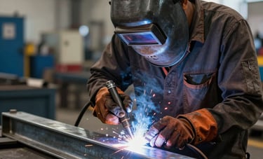 Close-up photography of a professional welder in a South Asian industrial setting at a Pune facility, working on a heavy steel frame with precision. Sophisticated, dark slate and steel blue lighting reflecting off metal surfaces.