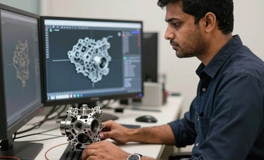 A focused shot of a South Asian mechanical engineer in a Pune office working on a modern CAD/CAM workstation, designing complex engine parts. The environment is professional with dark navy and off-white accents.
